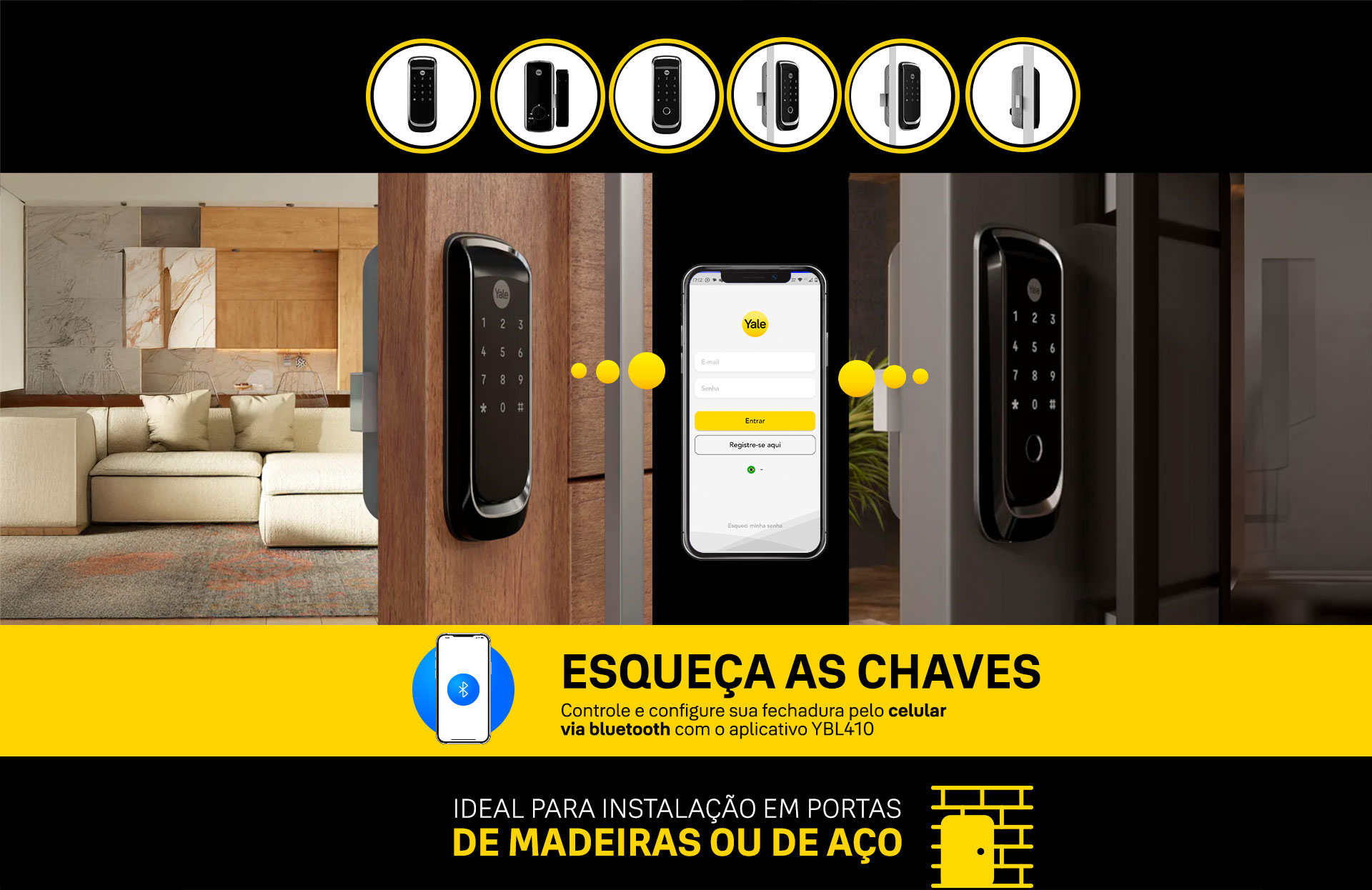 ESQUEÇA AS CHAVES - Controle e configure sua fechadura pelo celular via bluetooth com o aplicativo YBL410 - Ideal para instalação em portas de madeiras ou de aço 